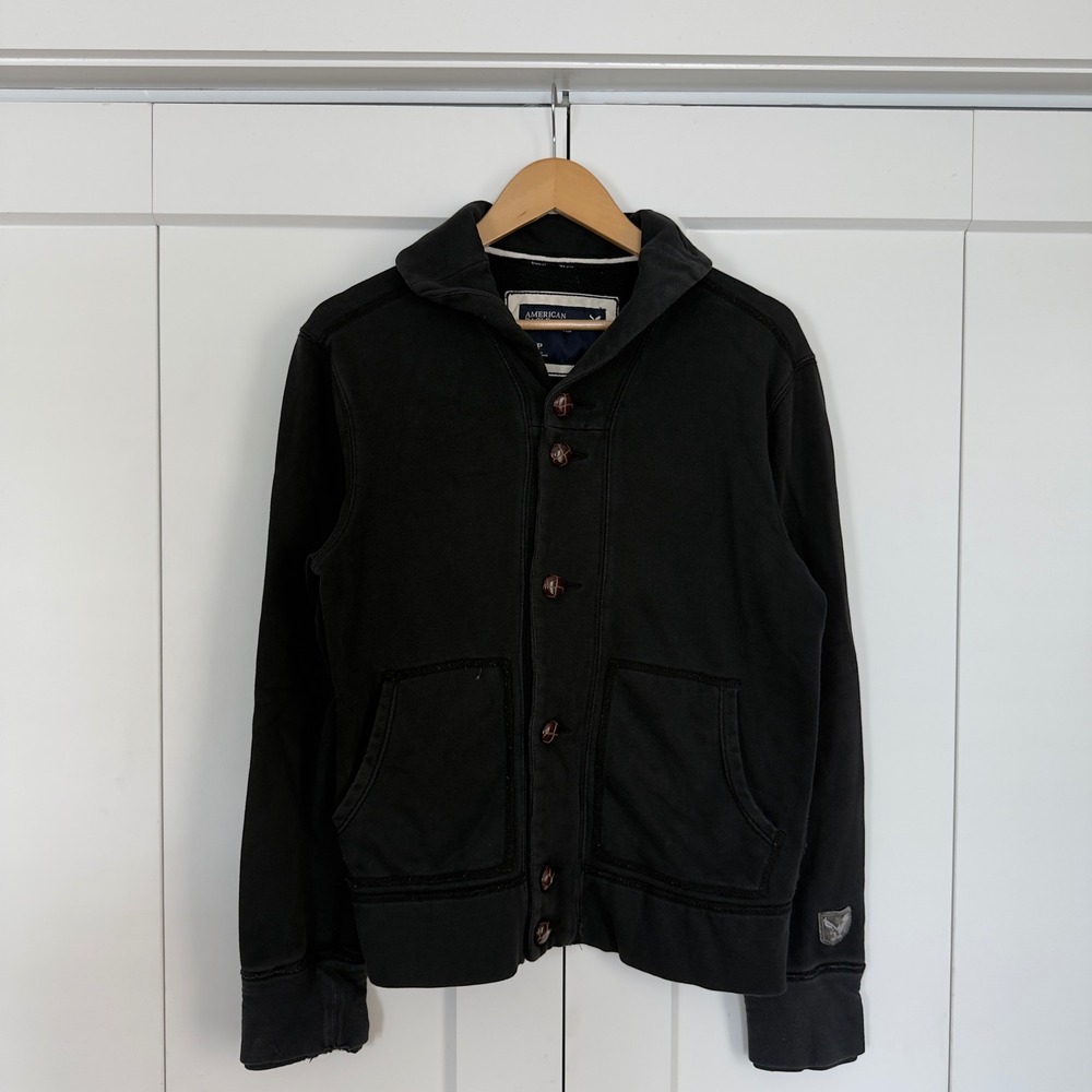 Mens American Eagle Shawl Collar Cardigan Sweatshirt Small Black Button Up